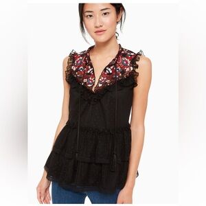Kate Spade Camelia Embroidered Peplum Top Swiss Dot Tassel Tie Black Size Medium